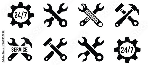 Mechanic, and technical support icon set featuring black vector symbols for repair, maintenance, service, and industry concept, modern flat illustration collection for apps, websites, and digital 