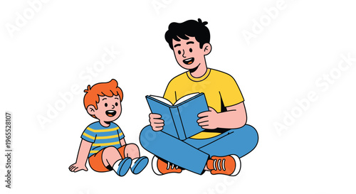 A father reads a book to his young son in a warm illustration