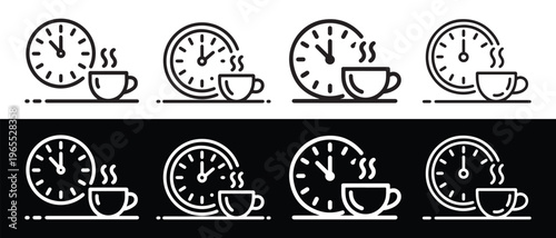 Coffee Break Time with Steaming Cup and Clock Icons in Minimalist Flat Design Vector Illustration.