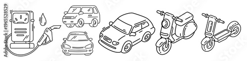 Transport and fossil fuel line art icons set. Vehicle collection with car, van, scooter and gas station. Vector illustration for delivery service or carbon emissions and city pollution