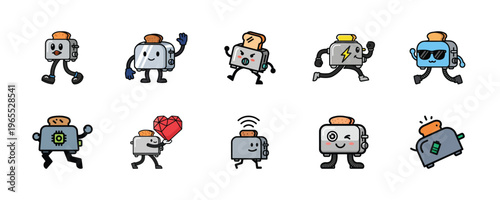 A collection of cute battery robots with toast on their heads, each displaying different emotions and actions, such as waving, running, and showing love, in a playful and humorous scene.