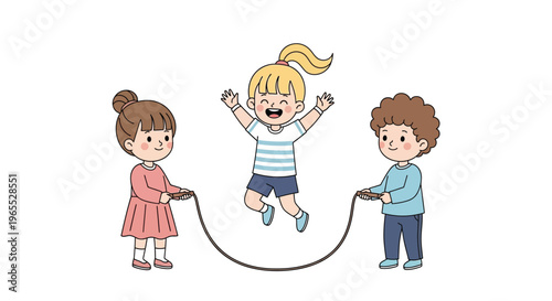Three cheerful children joyfully playing jump rope together outdoors