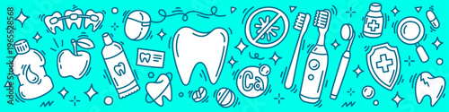 Dental health care and oral hygiene line art icons set for dentistry clinic. Collection with tooth, toothbrush, braces, mouthwash and tools. Vector hand drawn  of toothpaste, floss and calcium