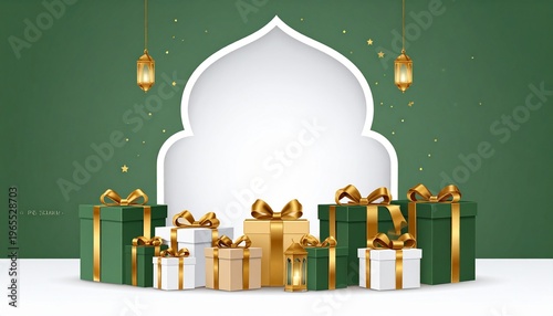 Modern Mosque Archway Frame with Festive Gift Boxes and Lanterns