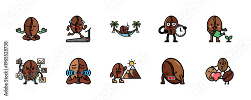 A collection of cartoon coffee beans depict various human emotions and activities in a playful and humorous manner with different expressions.