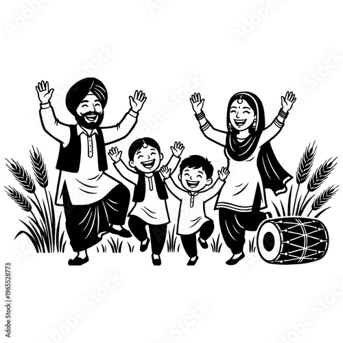 A joyful Punjabi family vector illustration, parents and children dancing enthusiastically, celebrating cultural festivities with traditional dhol drum.