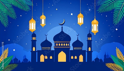 Majestic Mosque Silhouette at Night with Ramadan Lanterns and Crescent Moon