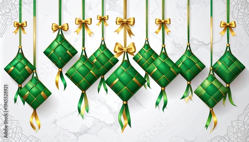 Green Ketupat Decorations Hanging with Golden Ribbons and Bows