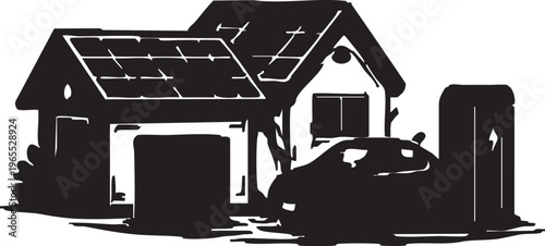 Solar Powered Home System Vector Silhouette, Renewable Energy House with Battery Storage and Sustainable Living