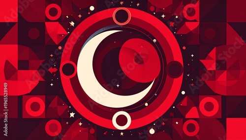 3d geometric red moon with concentric circles and glowing stars on dark abstract background