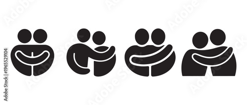 Minimalist abstract figures embracing, symbolizing love and friendship in a flat design vector illustration.