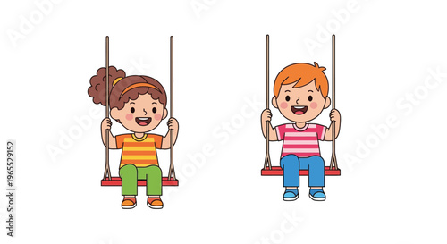 Two smiling children happily swing on a playground swing set