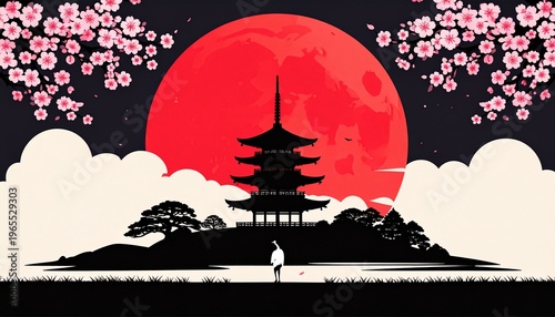 Japanese Pagoda Silhouette Under Giant Red Moon with Cherry Blossoms