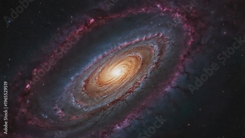 A stunning view of a magnificent spiral galaxy in the depths of space. The center of the galaxy emits a very bright golden orange light.