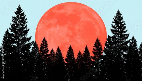 Massive red blood moon rising over misty pine forest at dusk