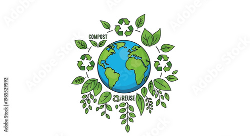 Earth Globe Surrounded by Green Leaves.