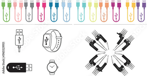 USB cables and electronic connectors set smartwatch charger adapter vector illustration