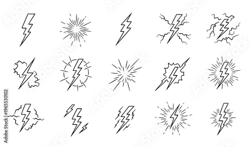 Modern lightning and electric energy outline effects collection with spark and discharge elements vector