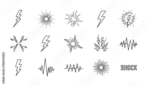 Minimal electric discharge and lightning effects set with spark energy symbols black and white vector