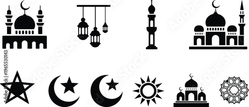 Islamic ramadan kareem celebration icons set featuring mosque silhouette crescent moon lanterns arrows prayer beads prayer rug and quran for eid mubarak festival design.