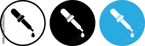 Three distinct icons of a dropper dispensing liquid in different color schemes