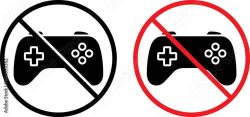 Prohibition symbols for video game controllers depicted in black and red circles