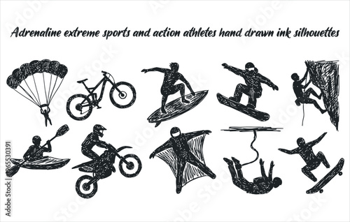 Adrenaline extreme sports and action athletes hand drawn ink silhouettes