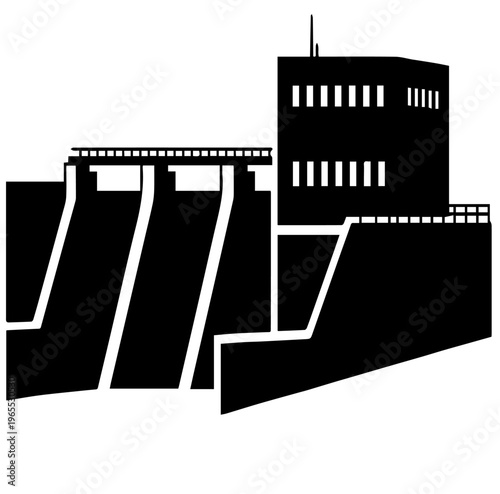 Hydroelectric Dam Power Plant Silhouette Vector Illustration with Reservoir and Control Building Icon for Renewable Energy Sustainability Design