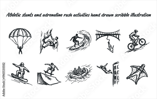 Athletic stunts and adrenaline rush activities hand drawn scribble illustration