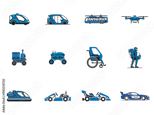 flat design vector set of various vehicles and transportation icons on white background