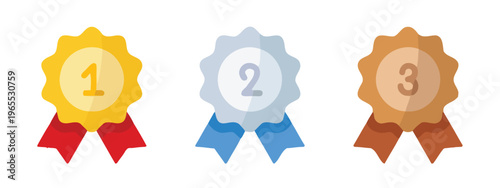 A set of three flat design badges representing the first, second, and third place rankings now. isolated on white background, Vector, illustration