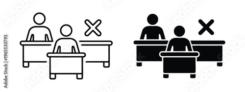 Social distancing icon set showing people sitting at desks with an empty seat marked with an x sign isolated on white background, Vector, illustration