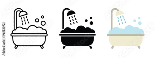 Three variations of a bathtub icon featuring a shower head and water bubbles for bathroom design isolated on white background, Vector, illustration