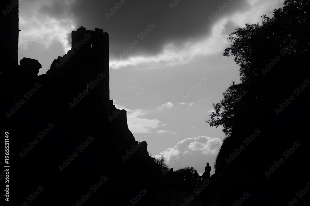 Obraz premium Silhouette of Ancient Ruins at Sunset with Dramatic Clouds