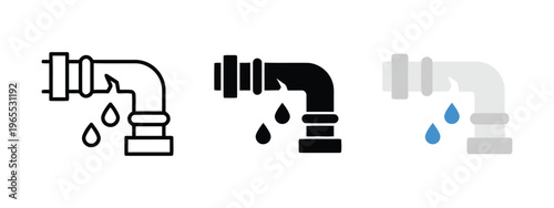 Three variations of a broken pipe icon depicting a plumbing leak with water drops for visual aid isolated on white background, Vector, illustration