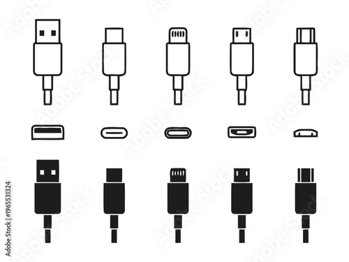 A collection of various computer cable connector icons in both outline and solid black styles isolated on white background, Vector, illustration