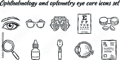 Ophthalmology and optometry eye care icons set hand drawn doodle sketch style