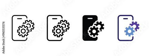 A set of four mobile phone icons featuring gear symbols representing system settings and control isolated on white background, Vector, illustration