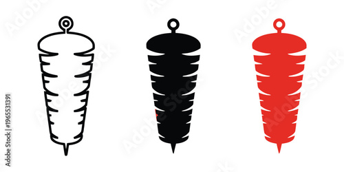 A set of three distinct icons representing a vertical rotisserie skewer for cooking meat dishes. isolated on white background, Vector, illustration