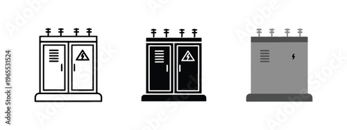 Three different graphical representations of an electrical transformer box for utility infrastructure isolated on white background, Vector, illustration