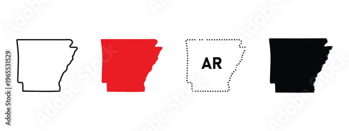 Four different representations of the arkansas state map including outline, solid, and dotted styles isolated on white background, Vector, illustration