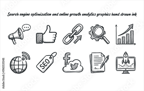 Search engine optimization and online growth analytics graphics hand drawn ink