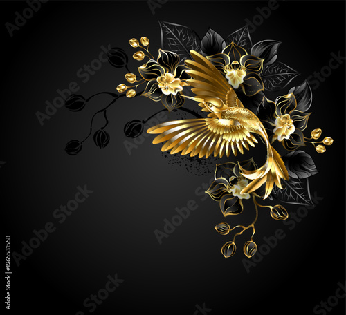 Jewelry hummingbird with black orchids