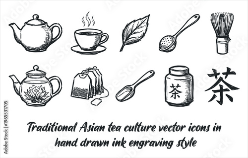 Traditional Asian tea culture vector icons in hand drawn ink engraving style