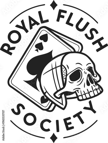 Royal flush society emblem with skull and playing card.