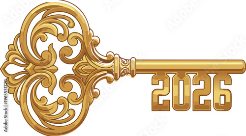 Skeleton Key with Year 2026 Teeth Representing Future Opportunities Financial Growth and Success Solution for New Year Goals Achievement Concept Isolated