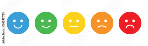 A colorful set of five circular feedback emojis ranging from very happy to very unhappy levels isolated on white background, Vector, illustration