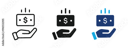 Three variations of a hand icon holding a dollar bill representing financial support or income isolated on white background, Vector, illustration