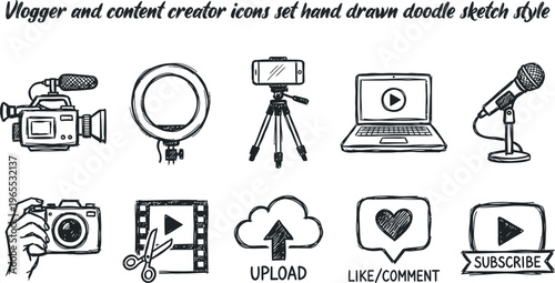 Vlogger and content creator icons set hand drawn doodle sketch style.