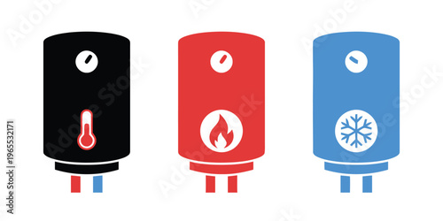 A set of three flat vector icons illustrating different types of water heater temperature control isolated on white background, Vector, illustration